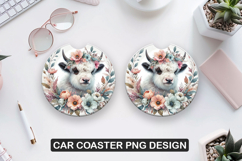Floral Cow Car Coaster Sublimation| Animal Coaster PNG Product Image 1