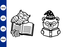 Cute animals reading in black and white Product Image 1