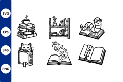 vector collage of books and cat line art Product Image 1