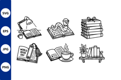 line art desk with books lamp coffee plant Product Image 1