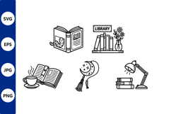 Library reading scene line art with lamp and books Product Image 1