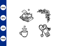 Sleepy cat line art on a book scene Product Image 1