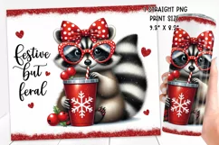 Christmas festive Raccoon Tumbler Wrap|Sublimation PNG. Product Image 2