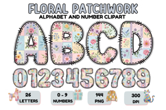 Floral Patchwork Alphabet &amp; Numbers Clipart 144 PNG 300 DPI Product Image 1