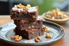 Stack of homemade walnut brownies on plate Product Image 1