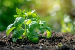 Young basil plant growing in the garden soil Product Image 1