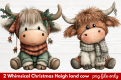 2 Whimsical Christmas Highland Cow Clipart | Cute Festive Product Image 1