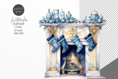 Christmas clipart, Fireplace clipart, Blue Christmas Product Image 1