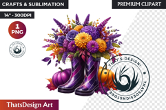 Autumn Floral Rain Boots PNG, Fall Flower in Wellies Clipart Product Image 1