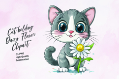 Cat holding daisy flower watercolor clipart Product Image 1