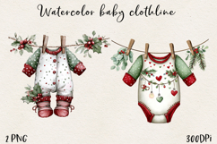 Watercolor Christmas Baby Clothesline Clipart PNG Product Image 1
