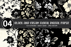 Black and Cream Floral Digital Paper Product Image 1