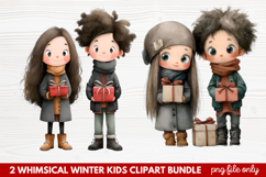 2 Whimsical Winter Kids Clipart | Cute Winter Kids PNG Product Image 1
