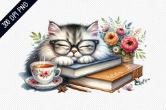 Books And Sleeping Cat Sublimation - Clipart PNG Design Product Image 1