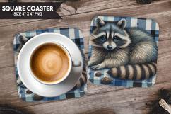 Raccoon, Woodland Animals, Buffalo Plaid Square Coaster PNG Product Image 1