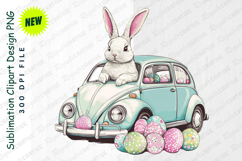 Easter Bunny Driving A Classic Car With Decorated Eggs PNG Product Image 1