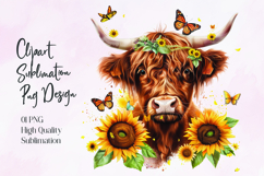Highland Cow Sunflower Floral Sublimation PNG Product Image 1