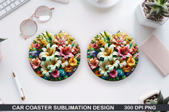 Flower Car Coaster Sublimation| Summer Flowers Coaster PNG Product Image 1