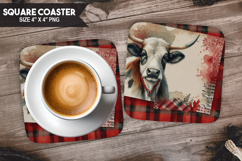 Cow, Farm Animals, Buffalo Plaid Square Coaster PNG Product Image 1