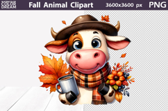 Fall Coffee Cow Clipart | Autumn Animals Leaves PNG Product Image 1