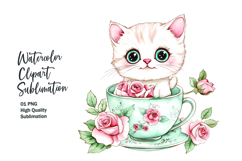 Cute cat with floral tea cup watercolor clipart png Product Image 1