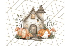 Watercolor Halloween Cottage Clipart, Ghosts &amp; Pumpkins Png Product Image 5