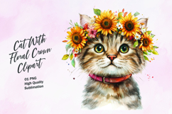 Cat with floral crown watercolor clipart Product Image 1