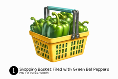 Shopping Basket Filled with Green Bell Pepper Watercolor PNG Product Image 1