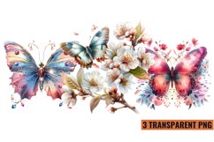 Watercolor Butterflies With Flowers Clipart PNG , Product Image 1