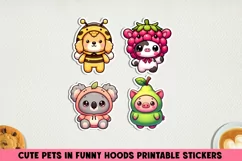 Cute pets in funny hoods printable stickers|Kawaii animals. Product Image 1