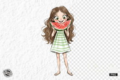 Whimsical Summer Girl &amp; Watermelon Clipart Product Image 1