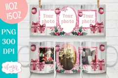 Pink Christmas photo mug wrap PNG Sublimation, festive mug Product Image 1