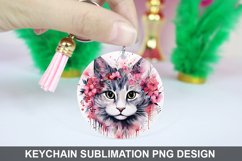Cat Flowers Keychain Sublimation , Round Keychain PNG Product Image 1