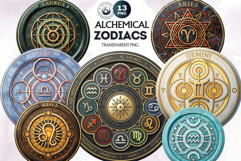 Alchemical Zodiacs Clipart Magic Horoscope Coins, fantasy Product Image 1