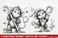 Christmas Monkey Sketch Art Clipart | Hand-Drawn Holiday Product Image 1