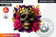 Floral Black Gold Sugar Skull dia de muertos Clipart PNG Product Image 1