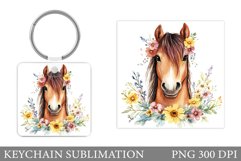 Horse Keychain Sublimation. Horse Flowers Keychain Design Product Image 1