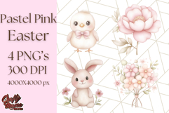 Pastel Pink Easter Bunny Egg and Flowers Clipart PNG Product Image 1