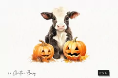 Watercolor Baby Cow with Jack O Lanterns Clipart Product Image 1