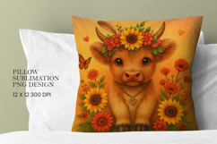 Highland Cow Flowers Pillow Sublimation PNG Product Image 1