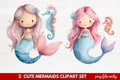 2 Cute Mermaids Clipart Set | Whimsical Mermaid Illustration Product Image 1