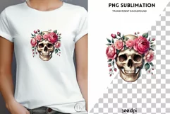 Watercolor Skull & Pink Flowers Sublimation File Product Image 1