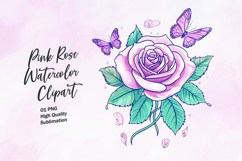 Pink rose with butterfly watercolor clipart sublimation Product Image 1