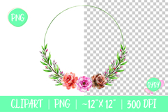 Floral Watercolor Wreath with Roses PNG Clipart Sublimation Product Image 1