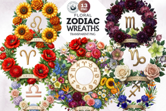 Floral Zodiac Wreaths Clipart Astrology Flower Graphics Product Image 1