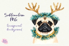 Vintage Christmas Pug with Antlers Clipart Product Image 2