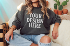 Gildan 18000 Dark Heather Mockup , Crewneck Sweatshirt Boho Product Image 1