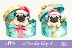 Vintage Christmas Pug on a Gift Box Clipart Retro Christmas Product Image 1