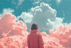 Woman in red jacket looking at surreal pink cloudscape Product Image 1