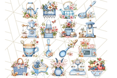 Blue Cottagecore Kitchen Clipart, Vintage Country Floral Png Product Image 6